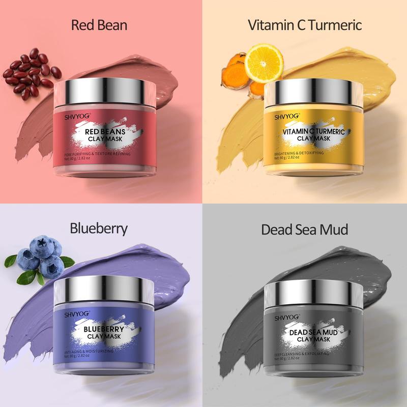 4 Pcs Clay Mask Set, Vitamin C Turmeric Clay Mask, Dead Sea Mud Mask, Blueberry & Red Beans Clay Mask, Face Masks Skincare for Deep Cleansing, Refining Pores, Moisturizing 320g