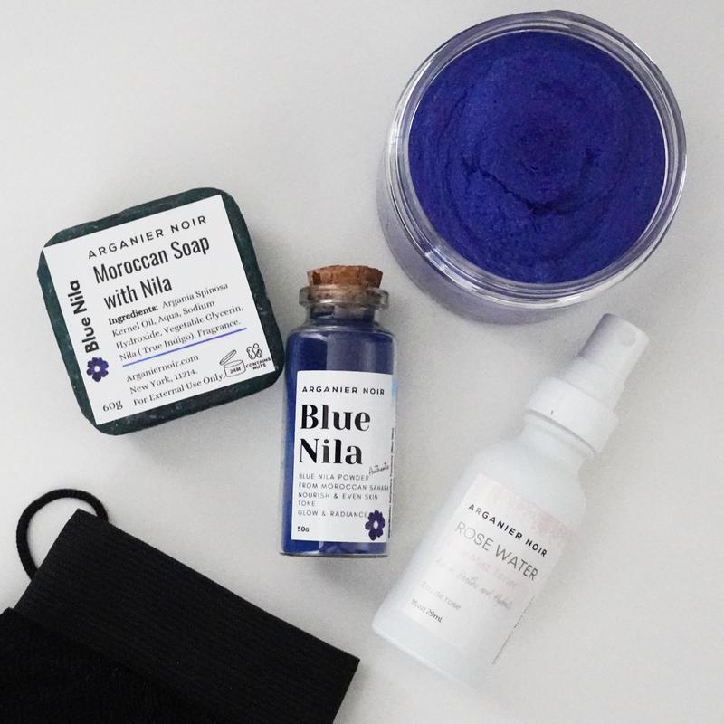 Blue Nila Set| Moroccan Nila Powder + Nila Soap Add Rose Water  Kessa Glove  Nila Scrub