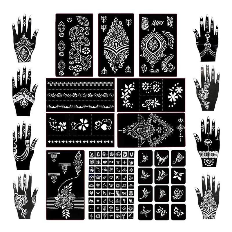 18 Sheets Henna Tattoo Stencils, Temporary Flower Patterns Glitter Airbrush Tattoo Kits Arabian Stickers for Women and Girls Face Hand Paint Body Art