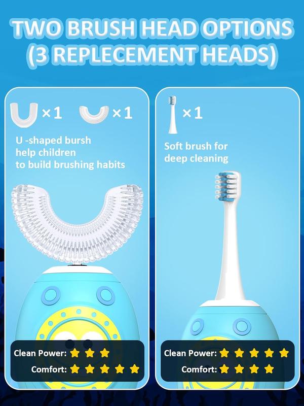 U Shaped ,  Electric Toothbrushes with 5 Modes, Sonic   IPX7 Waterpoof with 3 Brush Heads, 360 Automatic   for  2-12