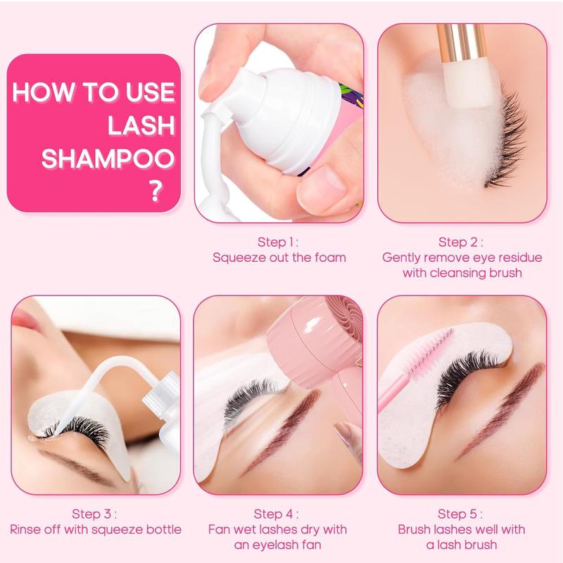 Lash Cleaning Kit - Lash Shampoo Kit Eyelash Extension Cleanser for Extensions 60ML with Rechargeable Handheld Lash Fan Dryer Mascara Brush Rinse Bottle Makeup Cleansing Foam for Lash Care