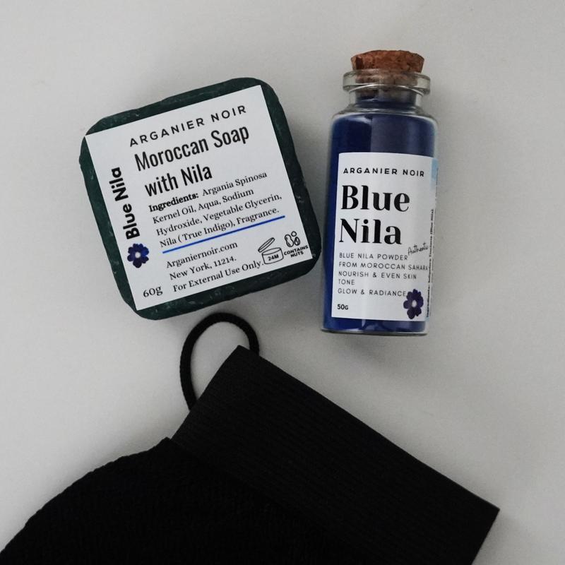 Blue Nila Set| Moroccan Nila Powder + Nila Soap Add Rose Water  Kessa Glove  Nila Scrub