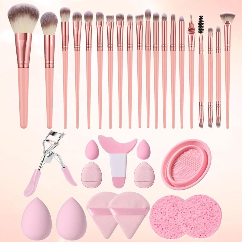 Makeup Tool Set, 33pcs set Makeup Brushes Makeup Sponges & Puffs Makeup Tool, with Eyelash Curler, Face Cleaning Puff