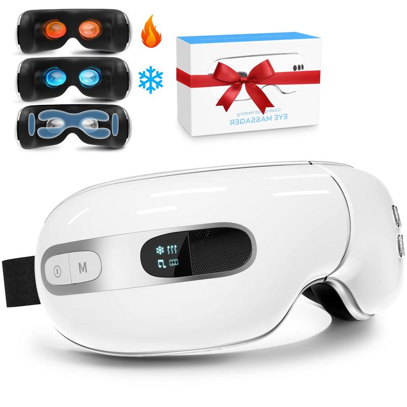 fmlave Father's Day Gift Eye Massager with Heat and Cooling for Migraines, Dry Eyes, Dark Circles, Rechargeable Bluetooth Music Eye Mask Massager Improve Sleeping - Great Gifts for Woman and Man (White)