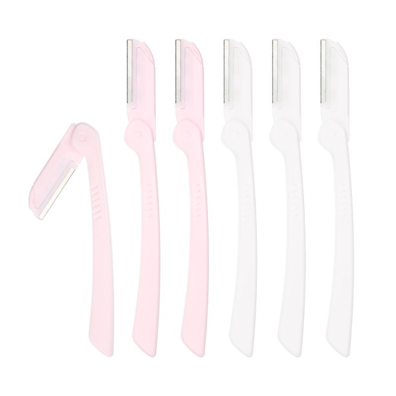 VOCOSTE 6pcs Eyebrow Razor for Women, Foldable Facial Razor, Stainless Steel Eyebrow Trimmer Skin Leveling Tool, White Pink