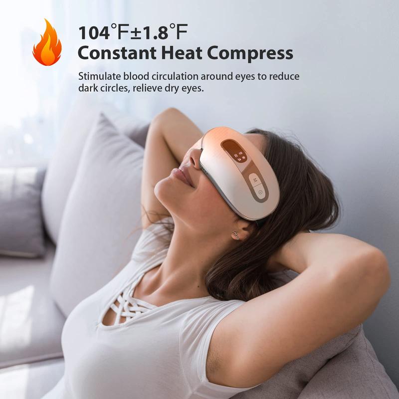 fmlave Father's Day Gift Eye Massager with Heat and Cooling for Migraines, Dry Eyes, Dark Circles, Rechargeable Bluetooth Music Eye Mask Massager Improve Sleeping - Great Gifts for Woman and Man (White)