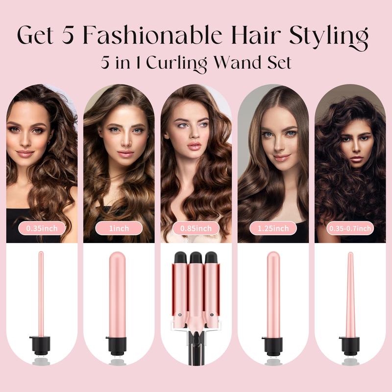 5 in 1 Hair Curler Set, 1 Box Ceramic Hair Curler & Interchangeable Curling Irons & Gloves & Hair Clips, Hair Styling Tool for Women