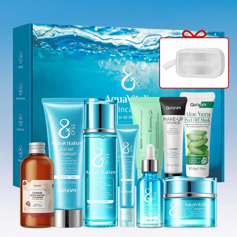 Moisturizing Skin Care Kit, 1 Set Hydrating Facial Skincare Gift, Including Facial Cleanser, Toner, Serum, Eye Cream, Face Cream, Rose Water Mist, Peeling off Mask, Green Tea Gel, Makeup Primer