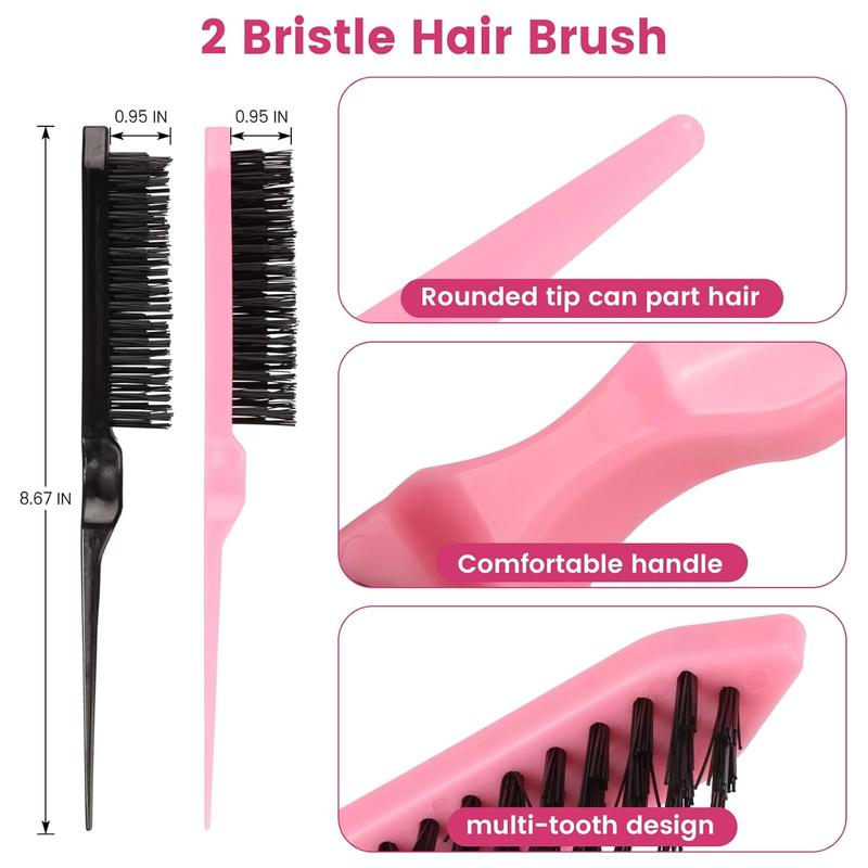 6 Pack Hair Styling Comb Set, 2 Slick  Hair Bristle Brush, 2 Edge Control Brush and 2 Rat Tail Combs for Hair Parting, Controlling Flyaways & Smoothing  Hair (Black & Pink)