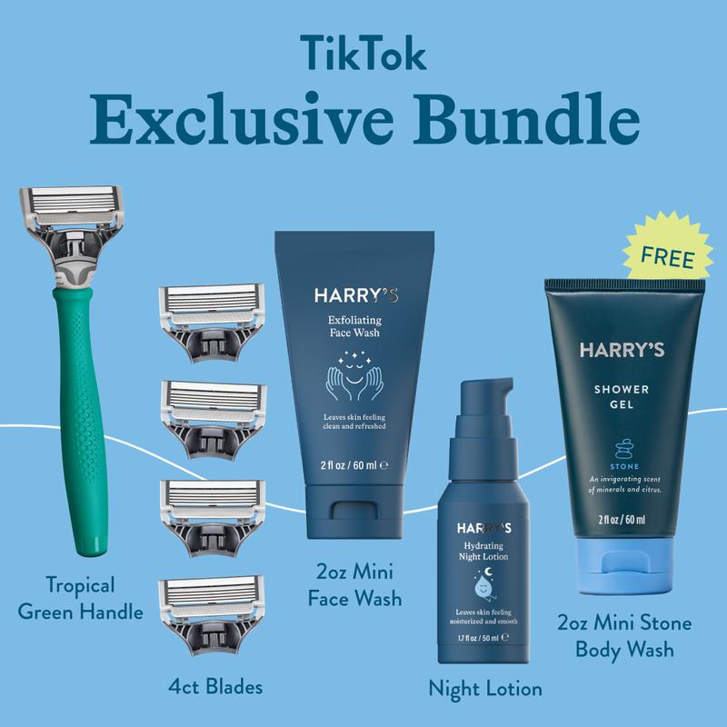 Harry's TikTok Shop Bundle | Mini Body Wash | Green Handle | Exfoliant Face Wash | 4 Extra Blades, Swedish Steel | Lightweight Face Lotion