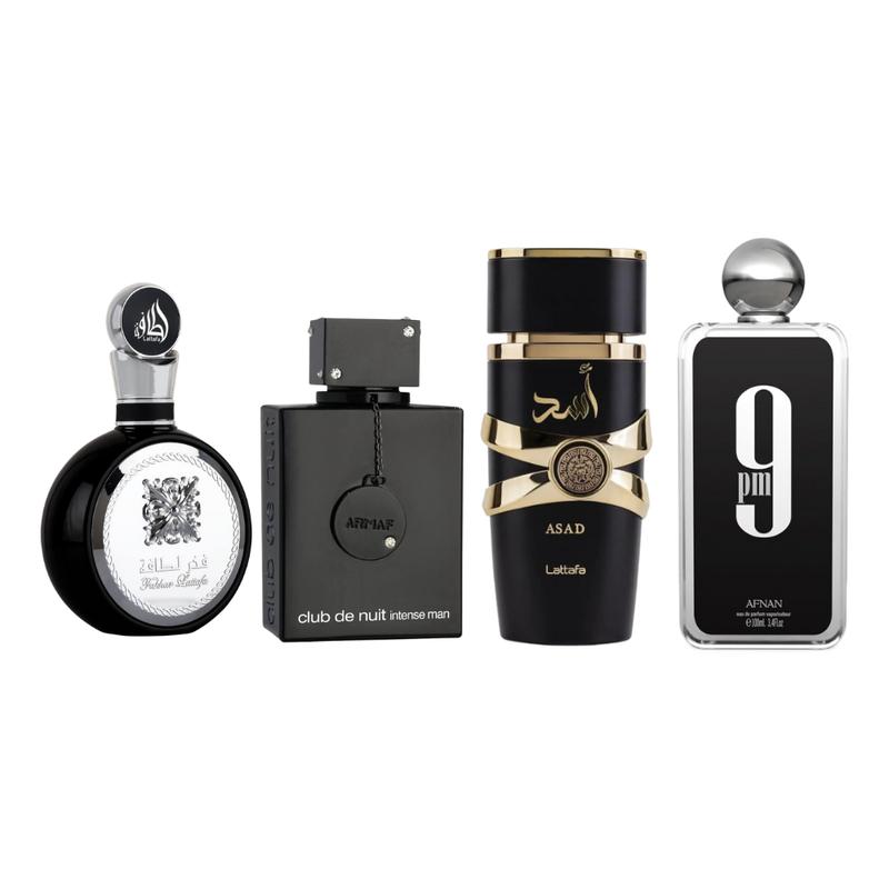 Lattafa - Afnan - Armaf Perfumes | 9 pm + Asad + Fakhar + Club de Nuit - Black Beast Fragrance Bundle | 4-pack eau de parfum bundle (3.4 - 3.6 oz)