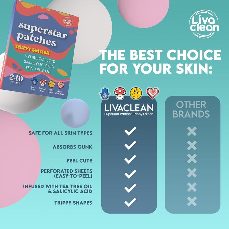 LivaClean 240 CT Superstar Patches Trippy Edition w Salicylic Acid & Tea Tree Oil Acne Patches All Skin Types Paraben Free Skincare Pimple Hydrocolloid Pore Sensitive Soothing