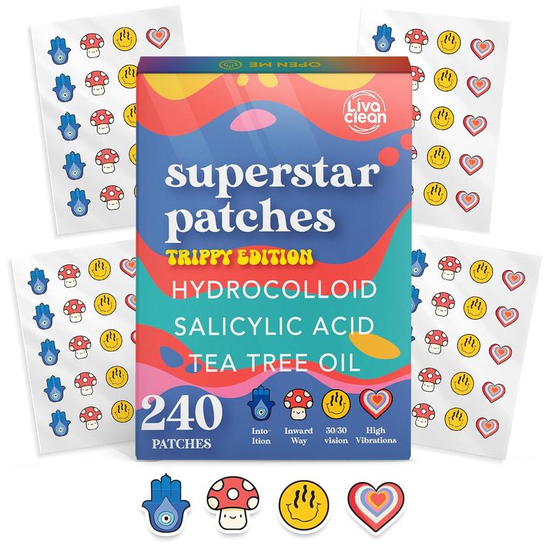 LivaClean 240 CT Superstar Patches Trippy Edition w Salicylic Acid & Tea Tree Oil Acne Patches All Skin Types Paraben Free Skincare Pimple Hydrocolloid Pore Sensitive Soothing