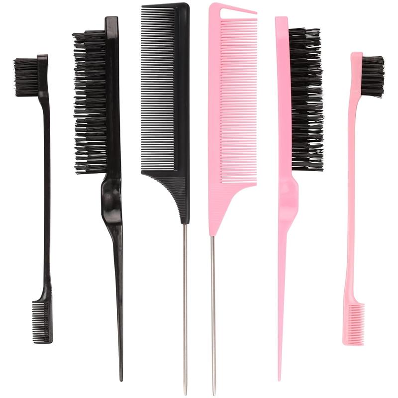 6 Pack Hair Styling Comb Set, 2 Slick  Hair Bristle Brush, 2 Edge Control Brush and 2 Rat Tail Combs for Hair Parting, Controlling Flyaways & Smoothing  Hair (Black & Pink)