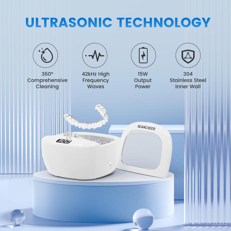 SEANCHEER Q3 Ultrasonic Retainer Cleaner Machine | Mini Portable | Rechargeable | IPX7 Waterproof | 42Khz | 120ML | Travel | with Digital Timer for | Denture | Aligner | Night Guard | Mouth Guard | Jewelry | White