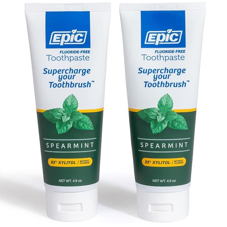 Epic Xylitol Toothpaste - Sugar Free & Aspartame Free Toothpaste Sweetened w Xylitol for Clean Teeth & Gum Health (Spearmint, 4.9oz Tube, 2 Tubes)