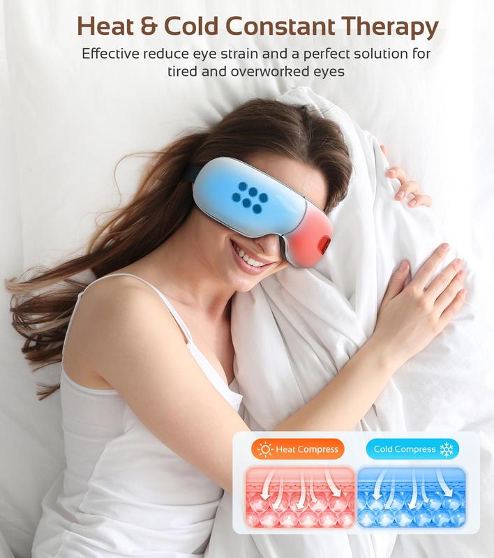 fmlave Father's Day Gift Eye Massager with Heat and Cooling for Migraines, Dry Eyes, Dark Circles, Rechargeable Bluetooth Music Eye Mask Massager Improve Sleeping - Great Gifts for Woman and Man (White)