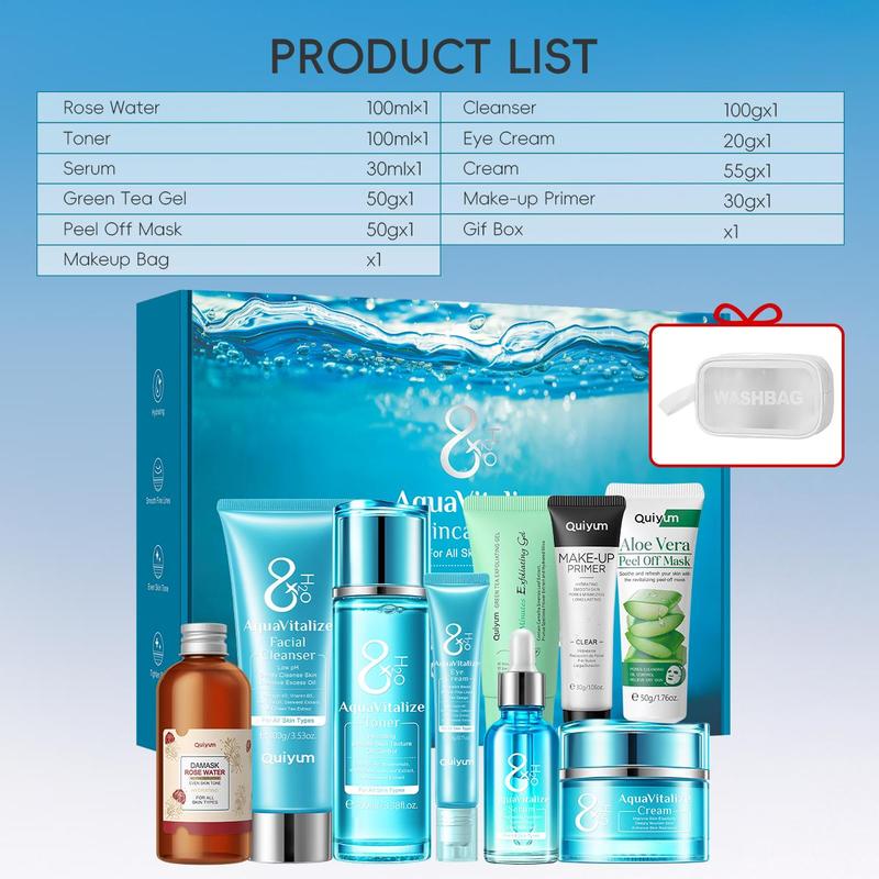 Moisturizing Skin Care Kit, 1 Set Hydrating Facial Skincare Gift, Including Facial Cleanser, Toner, Serum, Eye Cream, Face Cream, Rose Water Mist, Peeling off Mask, Green Tea Gel, Makeup Primer