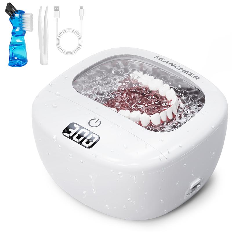 SEANCHEER Q3 Ultrasonic Retainer Cleaner Machine | Mini Portable | Rechargeable | IPX7 Waterproof | 42Khz | 120ML | Travel | with Digital Timer for | Denture | Aligner | Night Guard | Mouth Guard | Jewelry | White