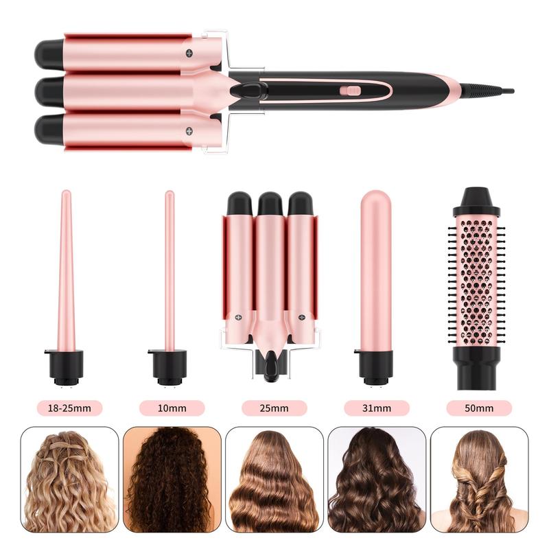 5 in 1 Hair Curler Set, 1 Box Ceramic Hair Curler & Interchangeable Curling Irons & Gloves & Hair Clips, Hair Styling Tool for Women