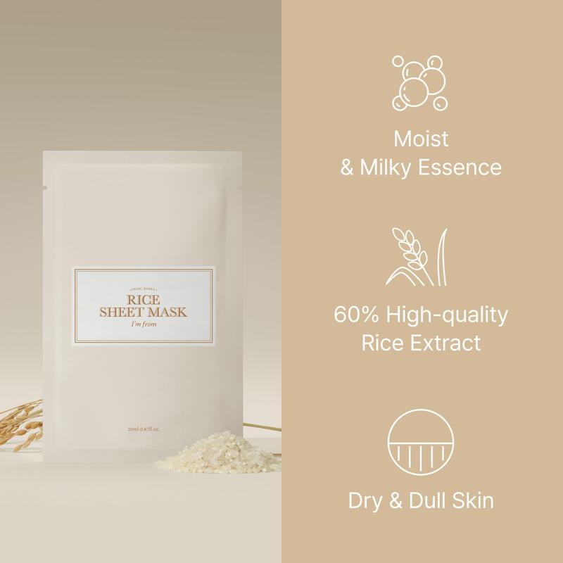 [I'm From Official Shop] Rice Sheet Mask Pack of 5, 60% Korean Rice Face Mask, Creamy Hydration for Dry, Combination Skin, Moist, Milky Essence, Biodegradable, Vegan, Hydrating Skincare, Skin Repair Moisturizer Nourishing Hydrate Moisturizing