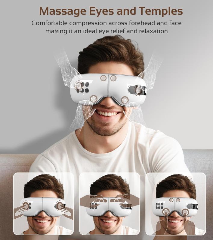 fmlave Father's Day Gift Eye Massager with Heat and Cooling for Migraines, Dry Eyes, Dark Circles, Rechargeable Bluetooth Music Eye Mask Massager Improve Sleeping - Great Gifts for Woman and Man (White)