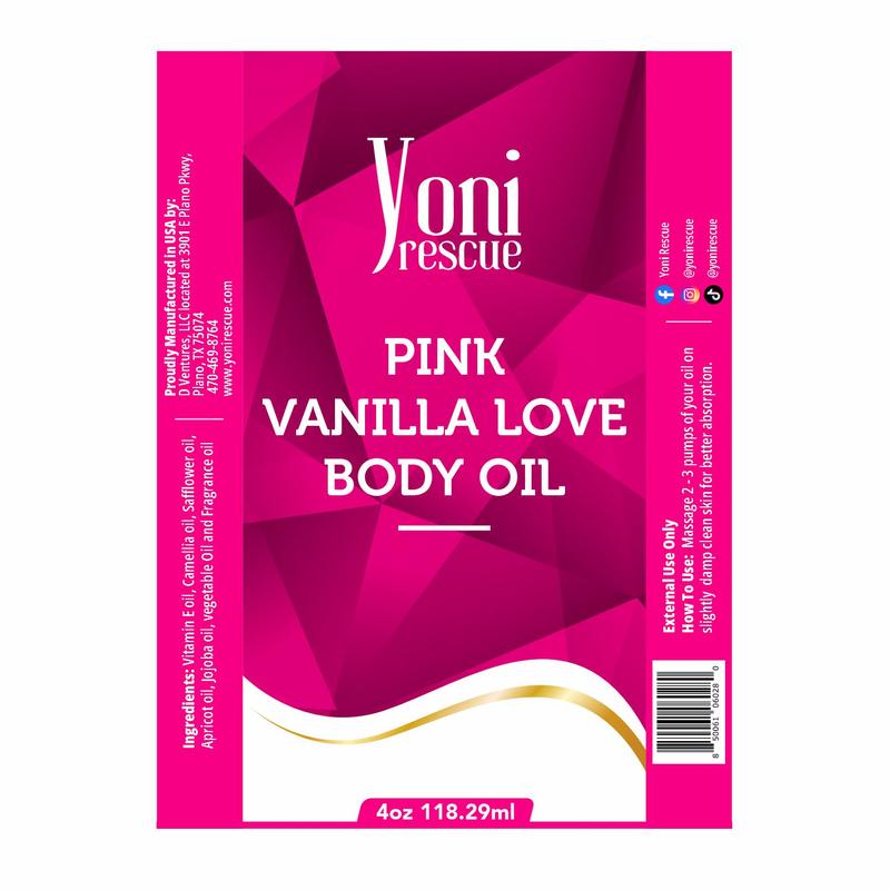 Pink Vanilla Love Body Oil, 4oz, with Apricot, Jojoba, Avocado Oils & Vitamin E Oil, Fast-Absorbing, Nourishes and Hydrates Skin, Skin Repair, Body Care, Ideal for All Skin Types, Amber & Vanilla Fragrance Moisturizer by Yoni Rescue warm vanilla body oil