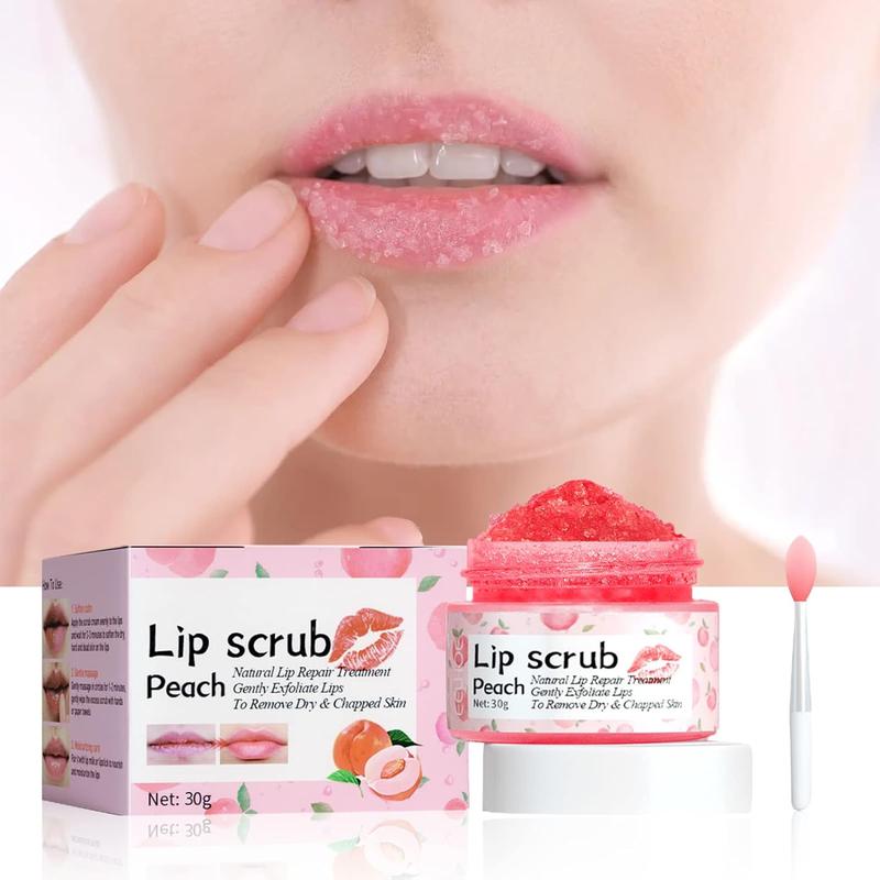 Lip Scrub Exfoliator with Silicone Lip Brush and Massager,Honey Peach Lip Sleeping Mask,Lip Mask Over Night Skincare Sugar Honey Jar