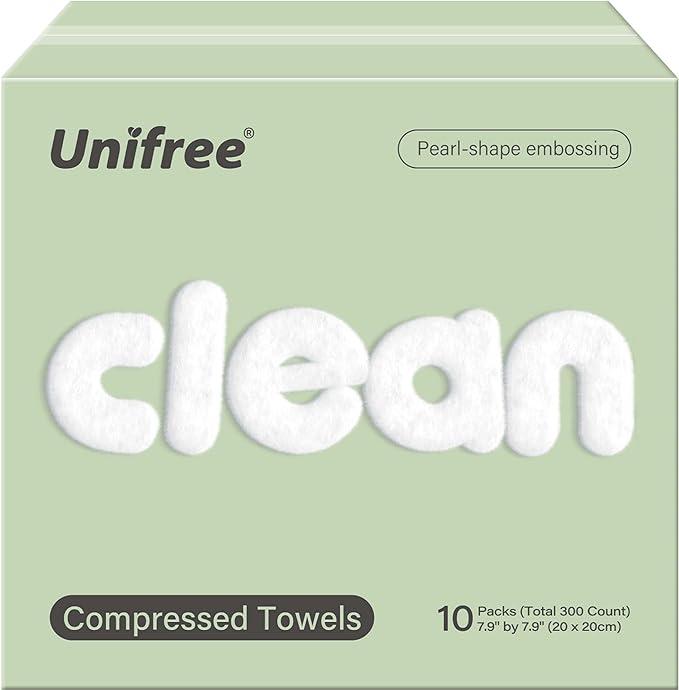 [For Limo] Unifree Compressed Towels I Towelettes B I Facial Tissue I Makeup Remover I 30 Individual Packs Per Bag, 10-bags Value Pack, Total 300 Count