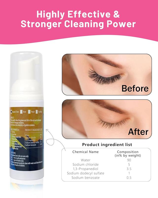 Lash Shampoo for Lash Extensions Daily 60ML Lash Extension Cleanser with Lash Fan Cleaning Brush Rinse Bottle and 50 Pcs Mascara Brush, Rich Foam Lash Wash for Eyelash Extension Home Use