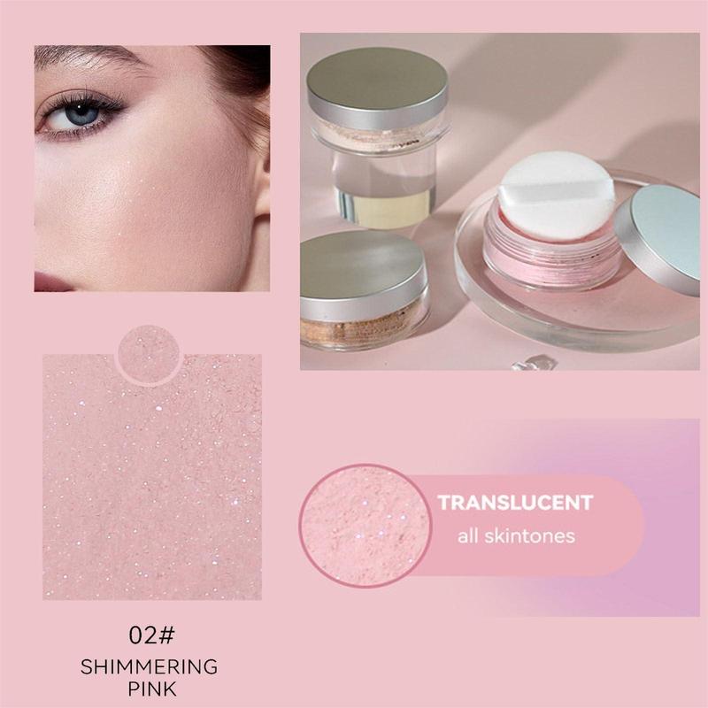 Pink Transparent & Glitter Setting Powder - Waterproof, Oil Control, Brightening. Long-Lasting Loose Glitter Powder for All Skin Types, Ideal for Highlighting.