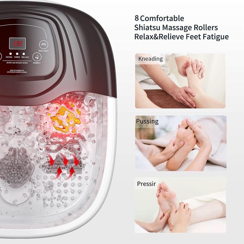 Foot Spa Bath Massager with Heat, Epsom Salt,Bubbles, Vibration and Red Light,8 Massage Roller Pedicure Tub for Stress Relief,Foot Soaker Acupressure Points&Temperature Control