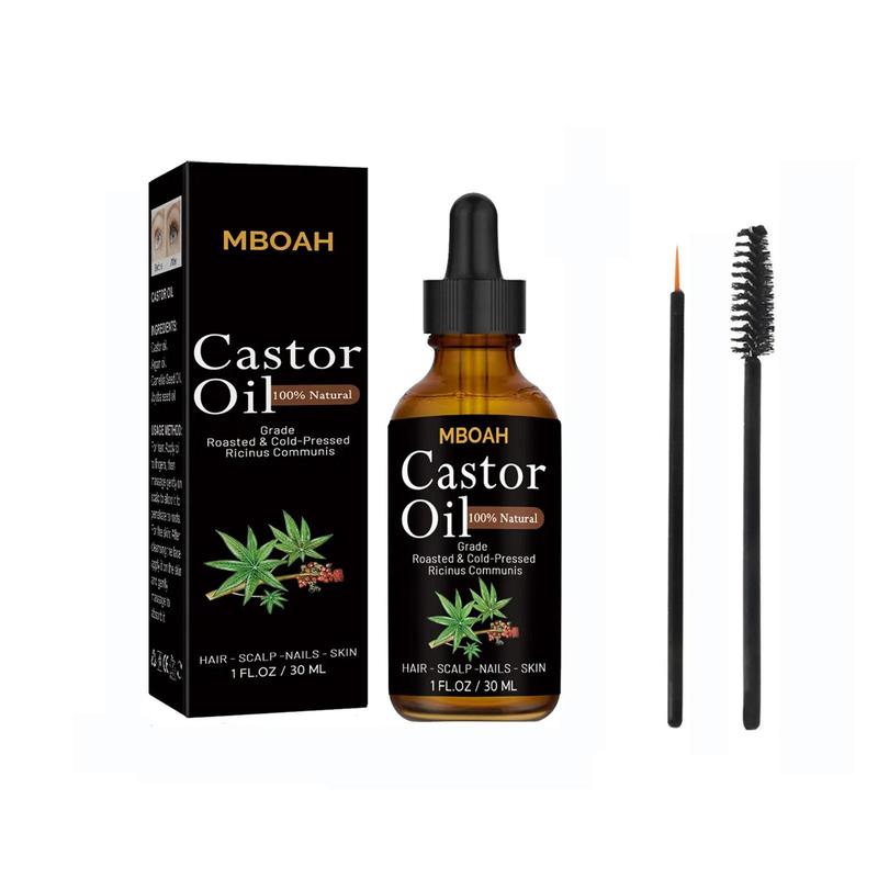 100% Natural Roasted & Cold-pressed Castor Oil with Applicator Tools, Multifunction Strengthening & Thickening Care Oil Kit for Hair, Eyelashes, Eyebrows