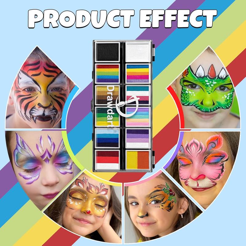 Professional Face Painting Kit for Kids Adults, Split Cake Face Paint Palette 12 x 10gm with Stencil, One Stroke Non Toxic Rainbow Face Body Paint Set Halloween Christmas Makeup