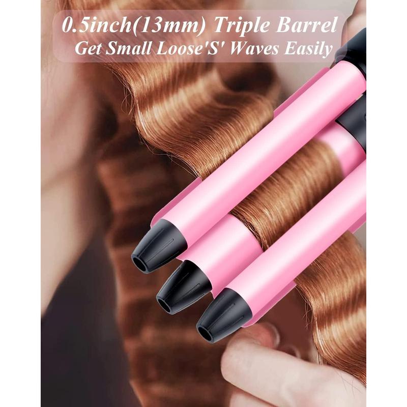 Mini Three Barrel Curling Iron, Small Curling Wand 1 2 Inch for Home and Travel, Ceramic Tourmaline Add Shine to Waves, Dual Voltage Hair Crimper, Pink,New Year's Eve Gift