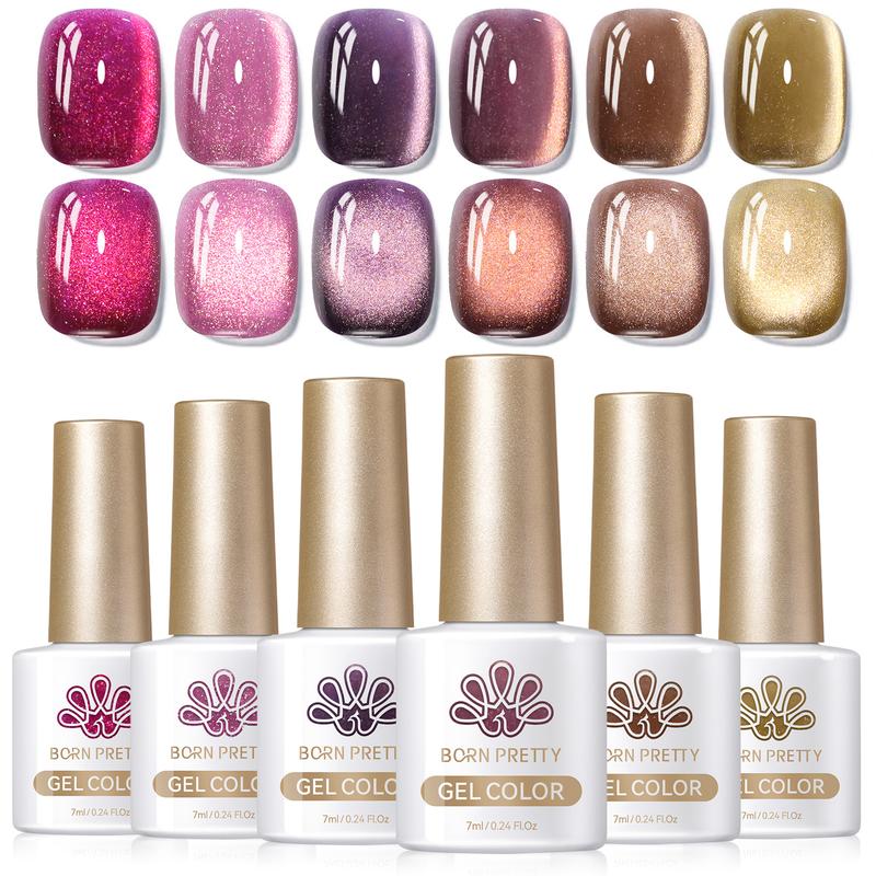 BORN PRETTY Cat Magnetic Gel Nail Polish Fall Winter Jelly Glass Magnetic Gel Polish Purple Brown Pink Nude Glitter Soak Off Nail Art Salon Manicure Home Gift 7ml 6pcs Nail Care