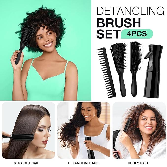 4pcs Detangling Brush Set Detangler Brush for Natural 3 4abc Curly Dense Hair, Curly Hair comb for Adult & Kids Wet or Dry Hair,Heatless,Haircare, Hair Brush Styling Tool Product Set with Spray Bottle (3 PCS, Black+Black) hair type