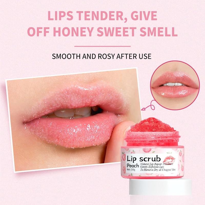 Lip Scrub Exfoliator with Silicone Lip Brush and Massager,Honey Peach Lip Sleeping Mask,Lip Mask Over Night Skincare Sugar Honey Jar