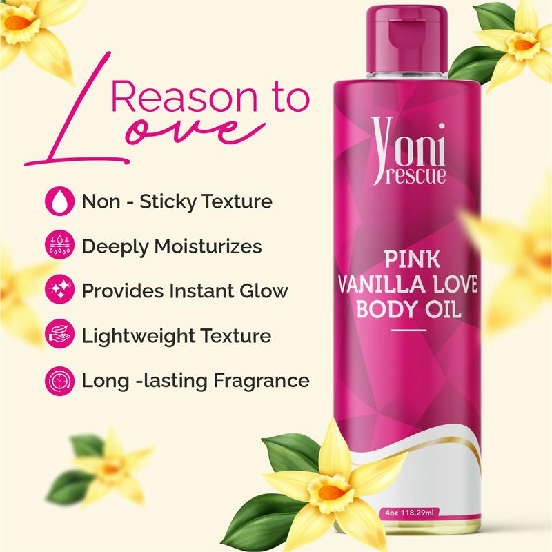 Pink Vanilla Love Body Oil, 4oz, with Apricot, Jojoba, Avocado Oils & Vitamin E Oil, Fast-Absorbing, Nourishes and Hydrates Skin, Skin Repair, Body Care, Ideal for All Skin Types, Amber & Vanilla Fragrance Moisturizer by Yoni Rescue warm vanilla body oil