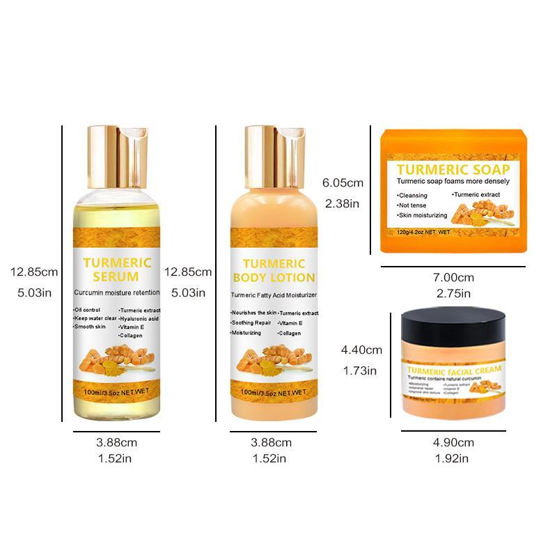 Natural Turmeric Skin Care Set, 4 Counts set Including Turmeric Body Lotion, Turmeric Serum, Turmeric Soap and Facial Cream, Body Care Skincare Kit for Women, Stocking Fillers Gift