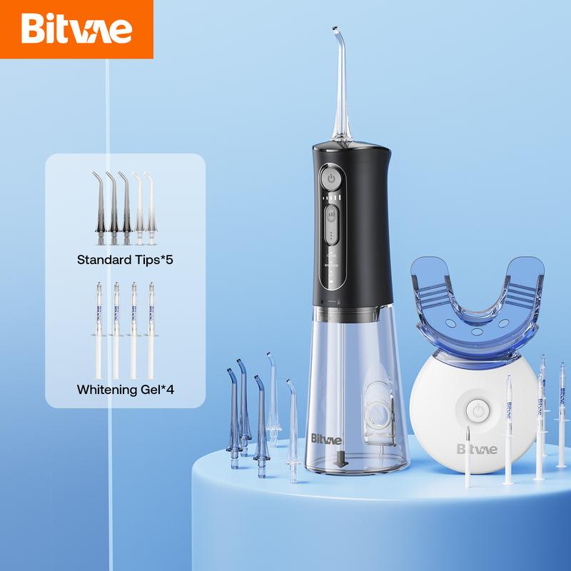 Bitvae C5 Black Cordless Water Flosser & Teeth Whitening Kit Bundle, Teeth Whitening Light with 4 Gel