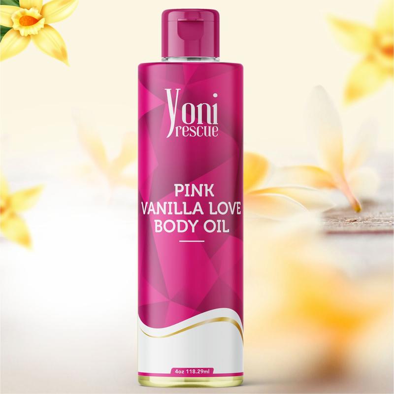 Pink Vanilla Love Body Oil, 4oz, with Apricot, Jojoba, Avocado Oils & Vitamin E Oil, Fast-Absorbing, Nourishes and Hydrates Skin, Skin Repair, Body Care, Ideal for All Skin Types, Amber & Vanilla Fragrance Moisturizer by Yoni Rescue warm vanilla body oil