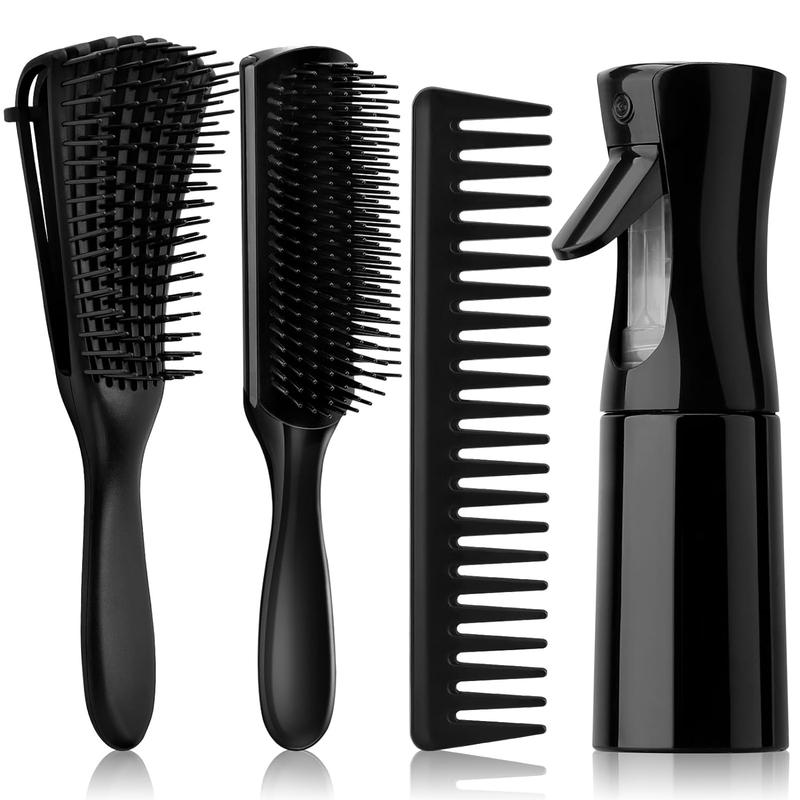 4pcs Detangling Brush Set Detangler Brush for Natural 3 4abc Curly Dense Hair, Curly Hair comb for Adult & Kids Wet or Dry Hair,Heatless,Haircare, Hair Brush Styling Tool Product Set with Spray Bottle (3 PCS, Black+Black) hair type