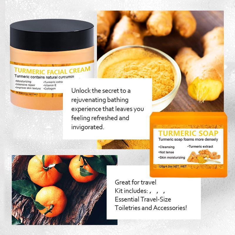 Natural Turmeric Skin Care Set, 4 Counts set Including Turmeric Body Lotion, Turmeric Serum, Turmeric Soap and Facial Cream, Body Care Skincare Kit for Women, Stocking Fillers Gift