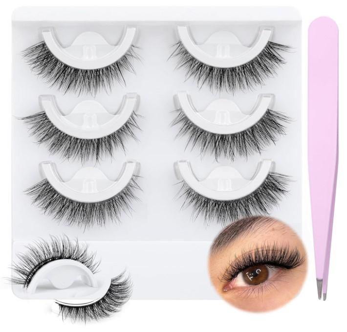 wiwoseo Self Adhesive Eyelashes No Glue - Reuseable Self Adhesive Lashes Waterproof Wispy Fluffy with Tweezer 3 Pairs Pack - Makeup Cosmetic