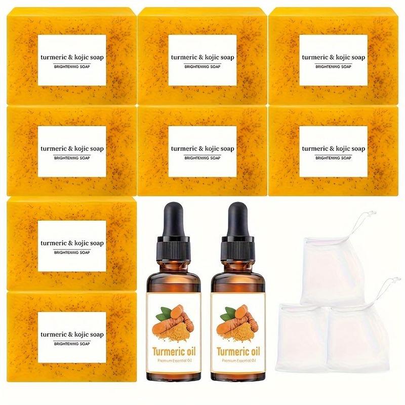 Turmeric Skin Care Kit, 8 Counts Turmeric Soap Bar & 2 Counts Turmeric Essential Oil & 3 Counts Foaming Net, Deep Cleansing Moisturizing Skin Care Kit