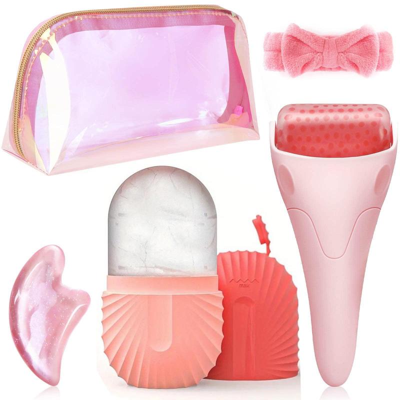 Facial Care Tool Set, 5 Counts set Ice Mold & Face Roller & Hair Band & Scraping Board & Makeup Bag, Professional Skincare Tool For Women