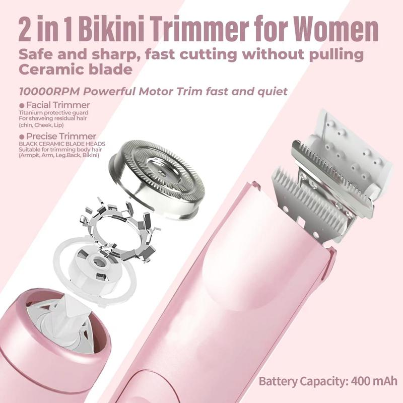 Electric Bikini Trimmer for Women, Rechargeable 2 in 1 Body & Facial Hair Removal, Waterproof Wet & Dry Use Trimmer for Women, Winter & New Year Gift Cordless Gentle Sensitive Shaver Comfort