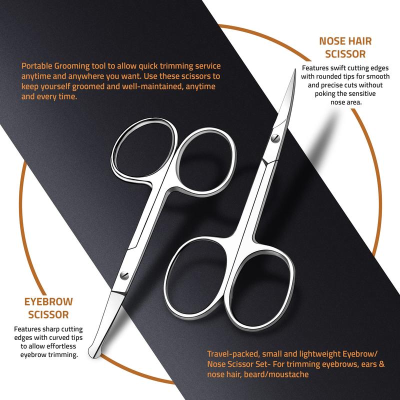 Care Eyebrow Scissors, Small Scissors for Men and Women - Curved and Rounded Nose Hair Scissors for Grooming Mustache, Beard, Eyelashes, Ear Hair Trimming- Professional Stainless Steel - Silver