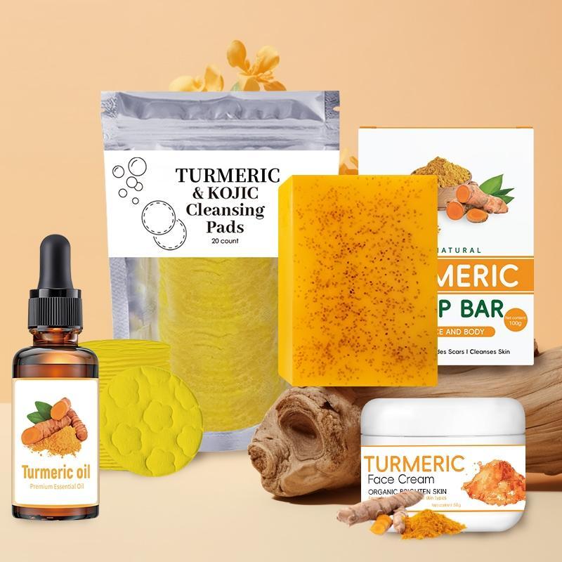 Turmeric Skin Care Kit, Turmeric Kojic Acid Soap & Cleansing Pads & Turmeric Oil & Face Cream, Daily Skin Care Sets for Men & Women, Christmas Gift